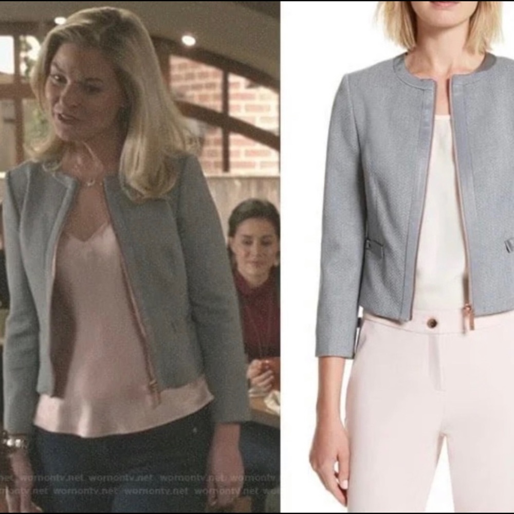 Ted Baker Gray Nadae Bow Detail Crop Jacket Zip Front Quiet Luxury Classic Sz 4 - Picture 15 of 16